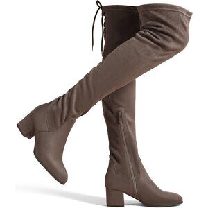 Women's Khaki Suede Over The Knee Thigh High Chunky Heel Long Stretch Boots